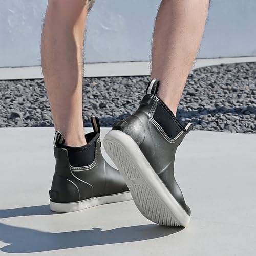 Image of Men's Deck Boots Waterproof Fishing Rain Boots, Anti-Slip Rubber Boots Ankle Booties, High-Performance Footwear Chelsea Boots for Gardening Boating Camping Sailing