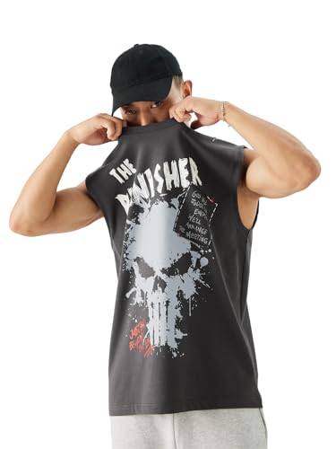 Image of The Souled Store Official Punisher: Graffiti Men and Boys Round Neck Sleeveless Grey Graphic Printed Regular Fit Cotton Vests