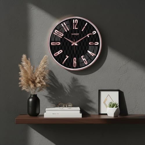 Image of RANDOM Sweep Silent Wall Clock, Non-Ticking Quartz Movement with 3D Foiling Numbers. (Black and Rose Gold)