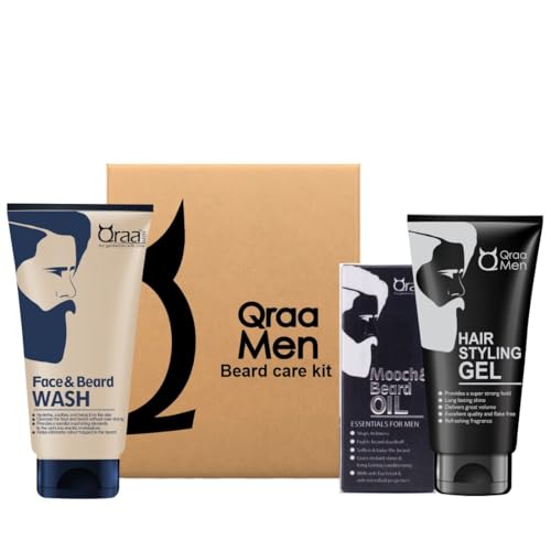 Image of Qraa Beard Care Kit for Men | Beard Oil for Growth & Nourishment, Face & Beard Wash for Deep Cleansing, Hair Styling Gel for Strong Hold | Suitable for All Skin & Hair Types | Set of 3