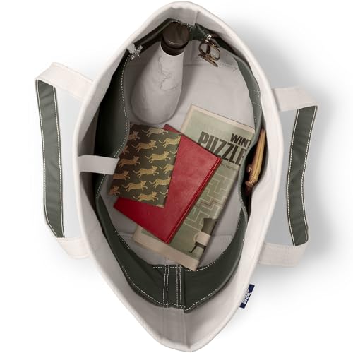 Image of Lands' End Natural Open Top Canvas Tote Natural /dark Olive Green Large Regular Handle