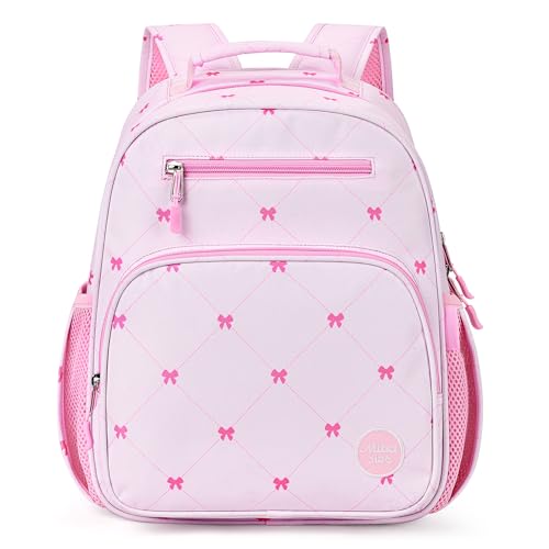 mibasies Girls Backpack 5-8: Lightweight Kids Backpacks for Girls - Girl Bookbag for Elementary School - Diamond-shaped Bow Pink