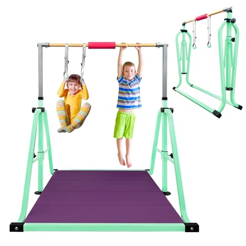 GLANT Gymnastics Bar for Kids with Rings Set, 7 Heights Adjustable Easy Folding Gymnastic Training Bar Kids Monkey Horizontal Bars - Max Load 300LBS