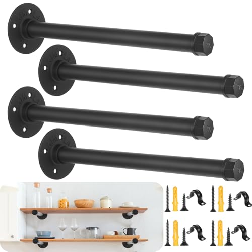 4 Pcs Industrial Black Pipe Shelf Brackets 12 Inch, Industrial Iron Pipe Floating Shelves Bracket Heavy Duty Metal Shelving Brackets for DIY Shelves