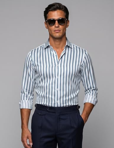 Image of IndoPrimo Men's Striped Casual Shirt | Premium Cotton Formal Shirt for Man | Slim Fit Full Sleeve Strip with Pocket | Office, Business & Smart Casual Wear