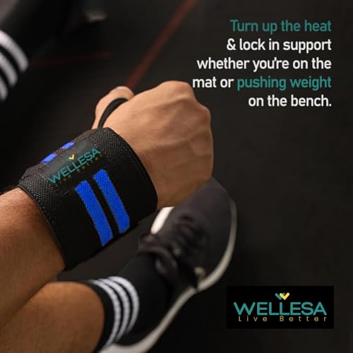 Image of Wellesa Wrist Support for Gym Workout | Wrist Band for Pain Relief & Weight Lifting | Wrist Wrap for Men & Women | Wrist Brace | Gym Accessories | One Size (Blue 2 Line)