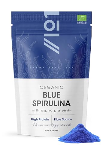 Polvo de espirulina azul orgánico, 50 g, ficocianina 100% natural para batidos, colorante e ingrediente azul vibrante, rico en proteínas, bolsa resellable y reciclable Alpha01