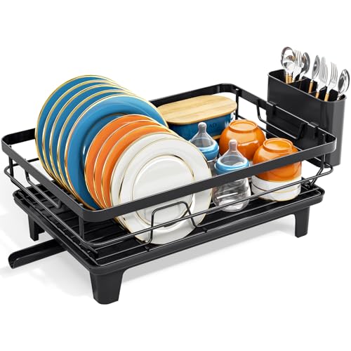 Escurridor de Platos, Escurreplatos con Soporte para Utensilios Extraíble, Escurreplatos de Cocina para Fregadero con Tabla de Escurrir con Pies Elevados, Escurreplatos de Gran Capacidad, Negro