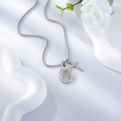 Liuanan St Michael Pendant for Men Saint Michael the Archangel Pendant Necklace Christian Protection Jewelry Stainless Steel Religious Cross Chain for Him Catholic Gifts for Confirmation First Communion Graduation Anniversary Father's Day Son Birthday Gift3