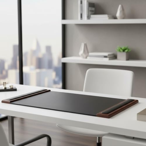 Image of Walnut & Black Leather 34 inch x 20 inch Side-Rail Desk Pad