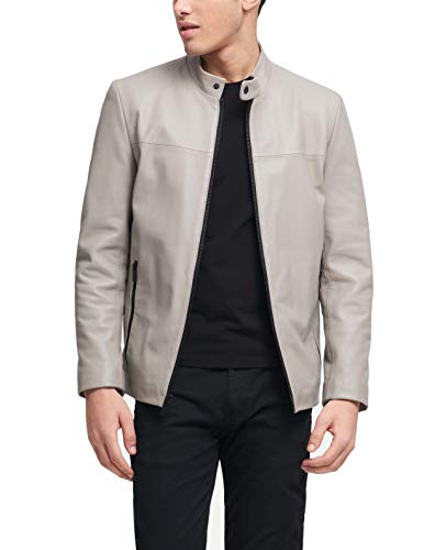 DKNY Men's Modern Lamb Leather Racer Jacket, Elephant, Small at