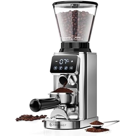 AMZCHEF Coffee Grinder, Coffee Bean Grinder for Home Use with Precise Grinding, LED Control Panel, Detachable Funnel Stand, Anti-static Design, 24 Grind Settings, Silver Cover