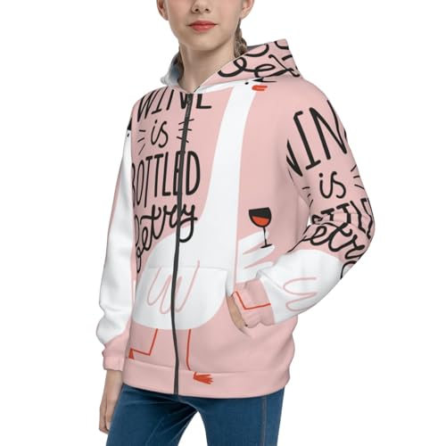 Goose Holding Wineglass with Red Wine Kid Hoodies Boys Zip Up Sweatshirts Girls Pullover with Pocket