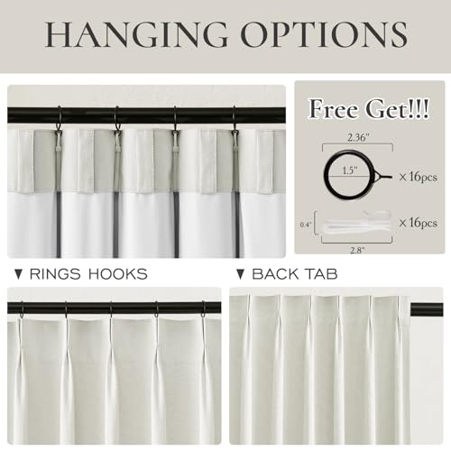 Image of Elegant Curtains for Living Room 102 Inch Long, Linen Pinch Pleated 100% Blackout Viral Window Curtains with Hooks for Bedroom Thermal Pleated Drapes for Nursery Beige White(40 inch Wx102 Lx2 Panels)