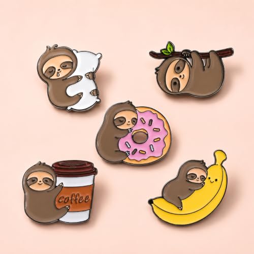 Image of 5Pcs Cute Coffee Cat Sloth Enamel Pin Set Cartoon Animal Coffee Cup Brooch Badges, Funny Lapel Pins for Backpacks, Jackets, Bags, Coffee Lover Gift