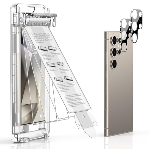 Mowei 3+2 para Samsung Galaxy S24 Ultra Protector Pantalla [Compatible con ID de huella dactilar] 3x Película de Cerámica & 2x Protector Lente Cámara, Alineación Herramienta Kit, Sin Burbujas [2024]