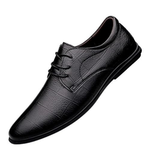 Men's Lace up Genuine Leather Dress Shoes Oxfords Round Toe Black Business Casual Formal Shoes Low Top Rubber Sole Wedding Shoes for Spring and Fall
