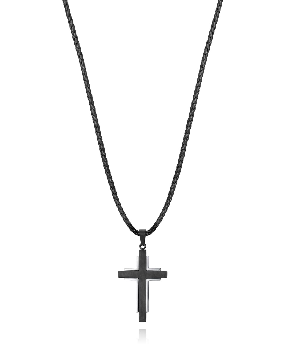 Viceroy Fashion 14067C01010, Colgante con Cruz de Acero en Cordón de Piel Negra - Estilo Beat, Sobriedad y Elegancia para el Hombre Moderno, 55 + 5 cm