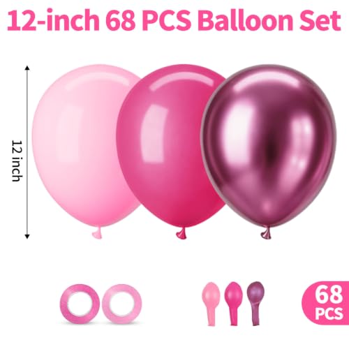 Image of Metallic Pink Balloons, 68Pcs 12Inch Hot Pink Chrome Pink Latex Balloon Light Pink Balloon and Dark Magenta Pink Balloons for Birthday,Baby Shower,Princess Theme Party Decorations
