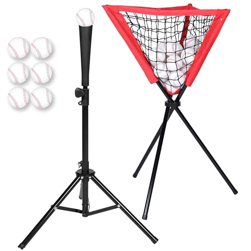 RPTX Batting Tee & Ball Caddy Bundle | Baseball & Softball | Height Adjustable | Portable Tee with Carrying Bag | Tee-Ball Practice | 6 Baseballs | Baseball Caddy