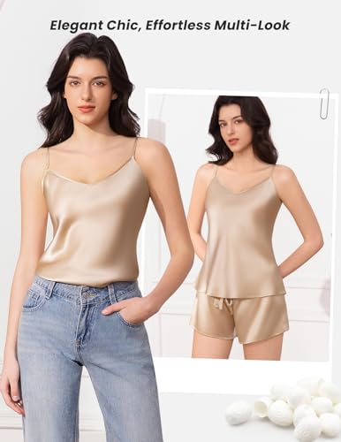 Image of THXSILK Silk Women's Pajama 2 Piece Set 6A+ Grade 100% Mulberry Silk Nightgown Soft Luxury V Neck Cami Shorts Sets Sleepwear