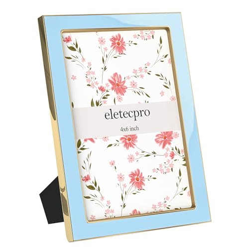 Image of eletecpro 4x6 Enamel Picture Frame Set of 2 with Real Glass Cover, Cute Photo Frame with Gold Metal Edge, Horizontal and Vertical Display Pictures 4 by 6 for Tabletop and Wall Decor, Sky Blue