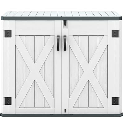 DWVO Outdoor Storage Shed, Weather-Resistant Resin, 35 Cu Ft Capacity, Horizontal Design, X-Shaped Lockable Door, Suitable for Bike, Garden Tools, Trash Cans, Light Gray