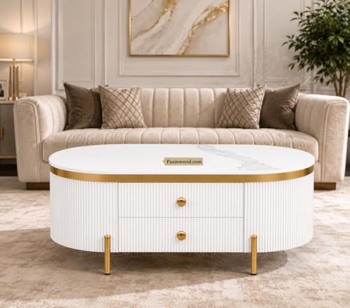 Image of Tesla Centre Table, 42x24x18 Inch, Nano Composite White Marble Top, Gold Accents, 2-Drawer Storage, Oval Design, Waterproof Plywood, PVD Legs, Modern Coffee Table for Living /Entryway