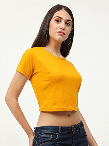 Image of FLEXIMAA Women's Cotton Plain Round Neck Half Sleeve Crop Top