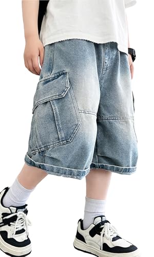 Short Baggy Élastique Garçon Cargo Jeans Été Bermuda Skate Enfant Denim Pantalon Court Jambes Larges Streetwear Décontracté avec Poches Bleu 13-14 Ans