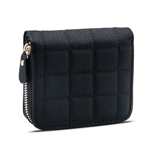 LJCZKA Small Wallet for Women Girls Bifold Quilted Leather Pocket Wallet Accordion Card Holder Wallet Compact Wallet (Black)