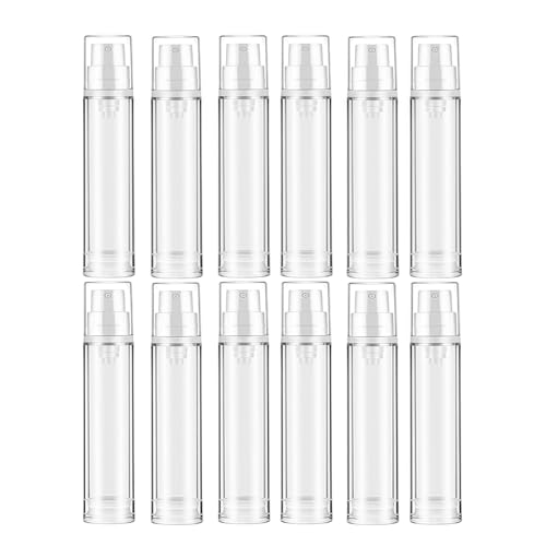 12 Jars 10ml Small Ounce Transparent Clear Airless Pump Bottles Cream Lotion Vacuum Containers Cosmetic Foundation Sample Travel Liquid Pressure Bottle Vial 0.3oz