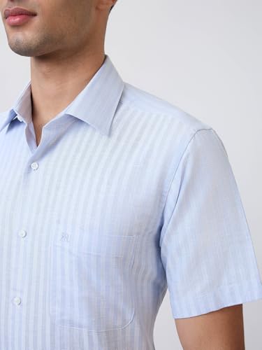 Image of Raymond Men Regular Fit Stripe Pattern Cotton Linen Blend Semicutaway Collar Half Sleeve Formal Shirt