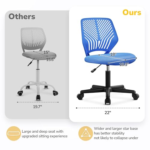 Image of Yaheetech Small Desk Chair, Armless Adjustable Swivel Seat, Blue | Padded mesh seat and ventilated resin back, compact armless frame rolls and adjusts for study and small desks, holds 300 lb.