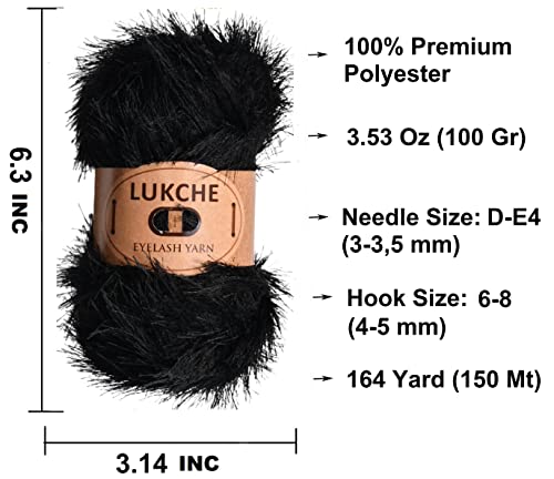 Image of Eyelash Fun Fur Yarn Premium 100% Polyester 164 Yds (150 Mt), 3.53 Oz (100 Gr) Colorful Crochet Yarn Dıy Hand Knitting. (Black, 1 Skein)