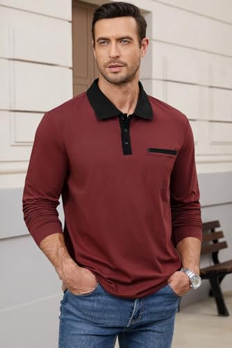 Camisetas Polo informales para hombre de manga larga, camisa clásica con botones y bolsillo, de algodón miniatura 2