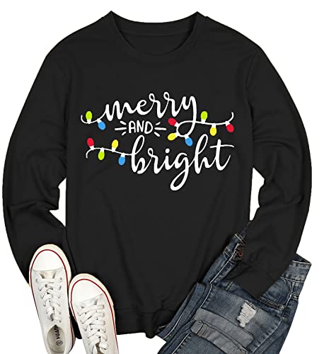 Image of Christmas Sweatshirt Women Merry and Bright Christmas T-Shirt Funny Xmas Lights Blouse Tops Holiday Shirts