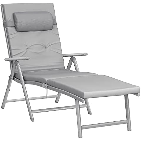 SONGMICS Sonnenliege, klappbar, Liegestuhl mit 6 cm Dicker Matratze, abnehmbares Kopfkissen, aus rostfreiem Aluminium, atmungsaktiv, komfortabel, verstellbar, bis 150 kg belastbar, grau GCB24GY Cover