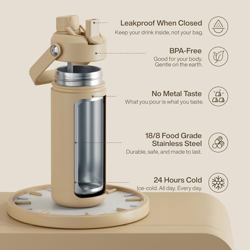 Image of ENCOOL Insulated Water Bottle with Straw Stainless Steel Water Bottle, Leak-Proof, BPA-Free, Double Wall Vacuum Keeps Cold for 24 Hours for Sports, Travel, School (18 oz, Indian Khaki)