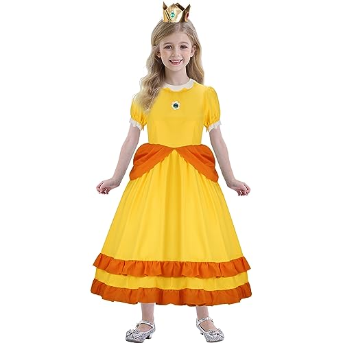 ZIFUNMUR Kids Princess Peach Daisy Costume Dress Crown Outfit Girls Super Brothers Pincess Halloween Cosplay Party Dress Up (Yellow, 120 (5-6 years))