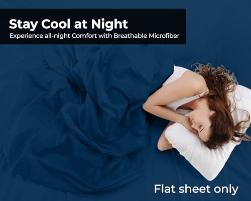 Image of Royale Linens Twin Flat Sheet - Ultra Soft Brushed 1800 Microfiber Flat Sheets Only - Wrinkle Free & Stain Resistant - Hotel Quality Top Sheet for Bed (Twin, Navy)