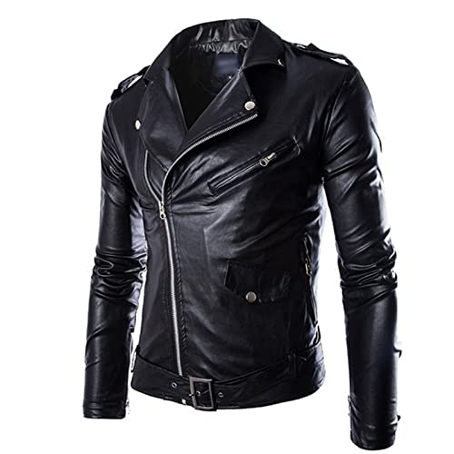 Maiyifu-GJ Leather Motorcycle Jackets for Men Faux PU Leather Lapel Moto Jacket Vintage Asymmetric Zip Up Belt Biker Coat2