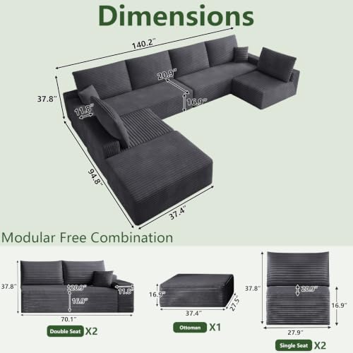 Image of Oversized Modular Sectional Sofa Couch,Large 7 Seater Corner Sofa Modern U Shaped Sectional Couch with Ottoman Cloud Couches for Living Room,Office,Spacious Space,Corduroy,No Assembly,Dark Grey