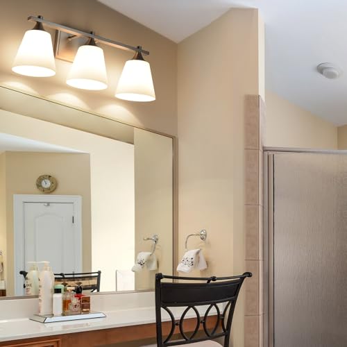 Image of Bathroom Vanity Light Fixtures, Traditional Brushed Nickel 3 Lights Vanity Lighting Fixture with Opal Glass Shade, Porch Wall Mount Light Fixture for Bathroom, Mirror Cabinets Hallway Stairs