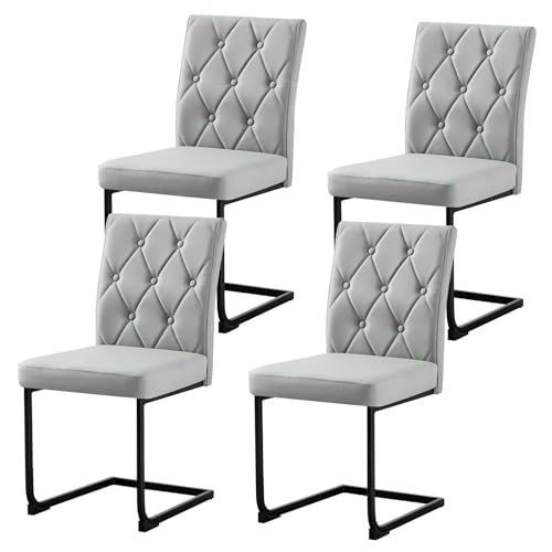 Ensemble de 4 chaises de salle à manger en similicuir gris, capitonnées à motif losanges avec boutons décoratifs, sans accoudoirs, pour cuisine, salon ou...