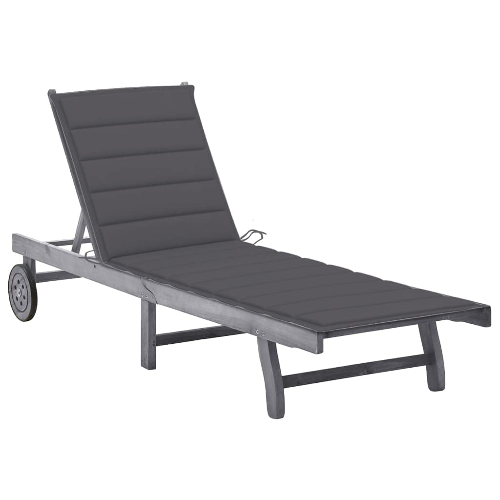 Lettino Prendisole in Legno Massello, Sdraio da Giardino con Schienale Regolabile, Cuscino Included, Poggiapiedi Aggiustabile, con Ruote, per Giardino Piscina Spiaggia, Grigio, 62 x 131 x 106 cm