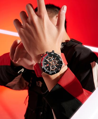Image of TEARTRACE Watches for Men Luxury Quartz Chronograph 3ATM Waterproof Sport Wrist Watches Multifunctional with Silicone Strap Casual Mens Watches, Red, Sporty