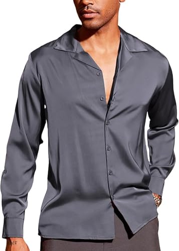 Image of CB-COLEBROOK Men Luxury Satin Silk Dress Shirt - Long Sleeve, Satin, Shiny Button Down, Prom, Wedding Party Shirt