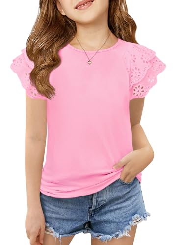 Image of Haloumoning Girls Ruffle Sleeve T Shirts Summer Short Sleeve Casual Cute Crewneck Tops Tees 5-14 Years
