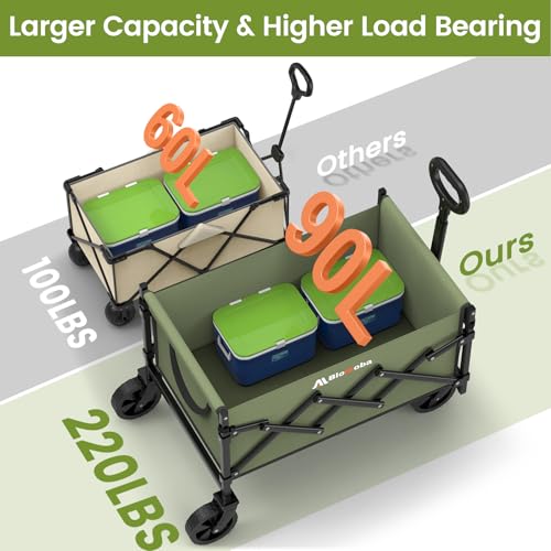 Collapsible Wagon with Wheels, 220 lbs Wagons Carts Foldable Wagon Cart with Flexible Handle, Lightweight Portable Folding Utility Grocery Shopping Cart for Grocery Sports Garden Camping, Green